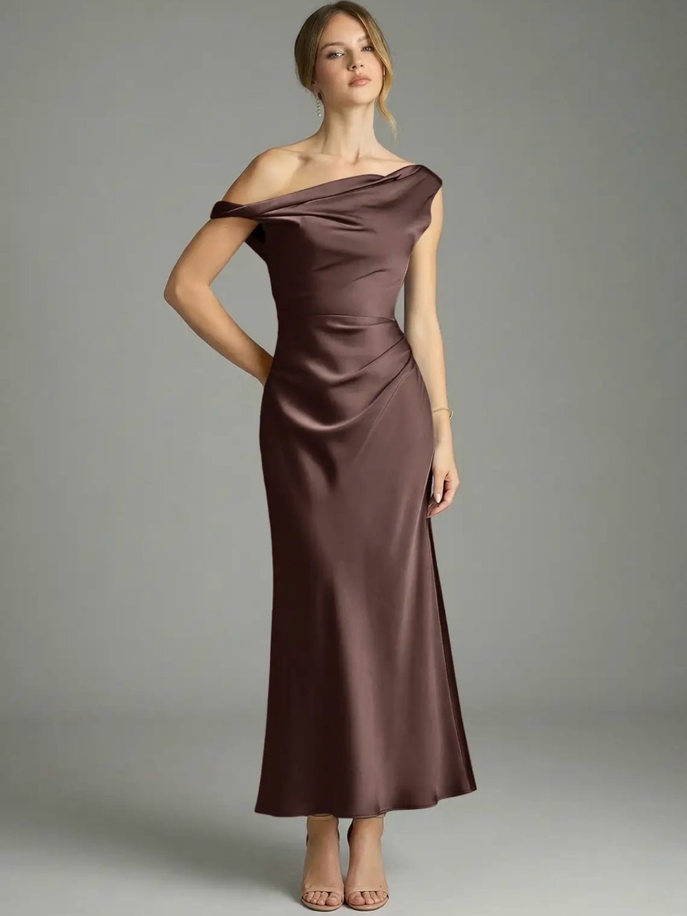 Azazie Emerson Ganache Mermaid Off the Shoulder Stretch Satin Dress